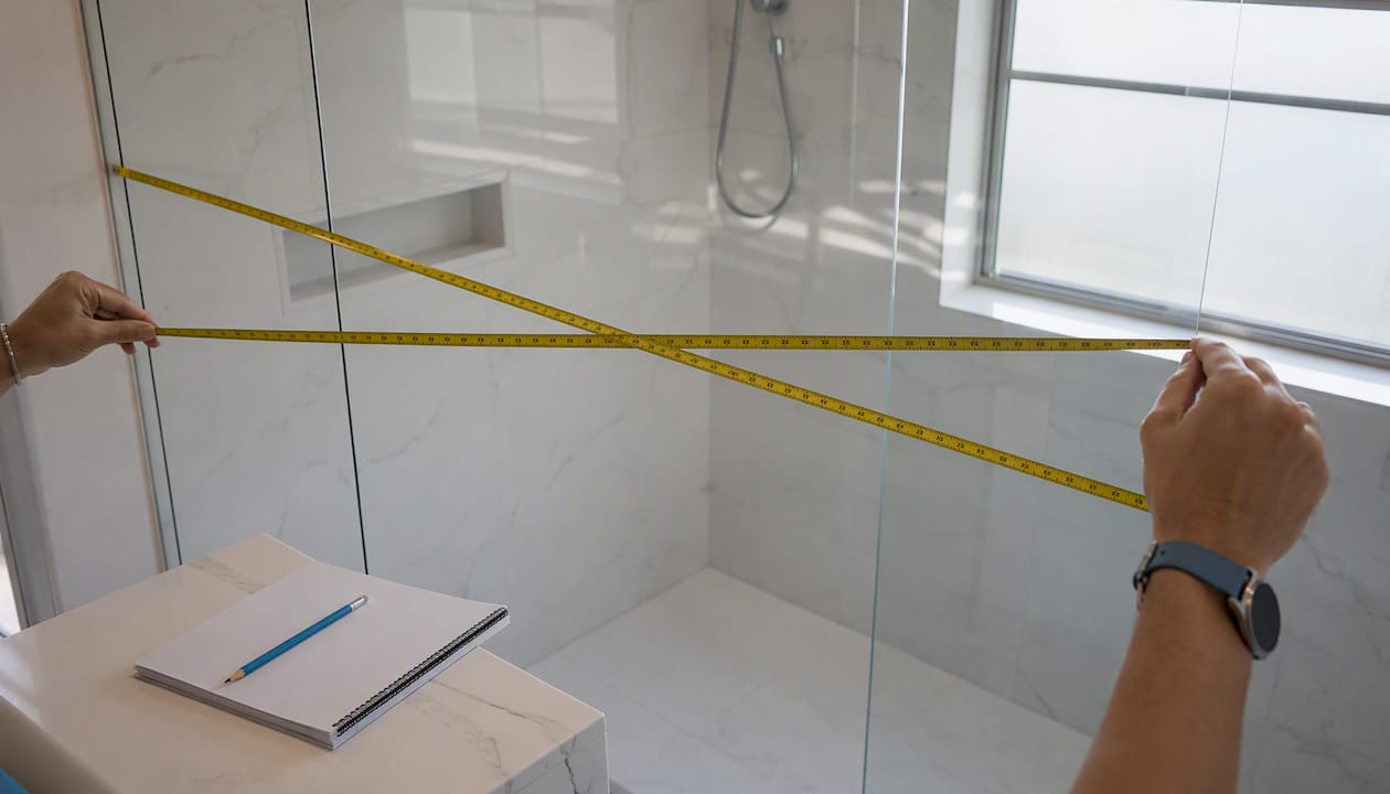 1785528182717_Overhead-view-of-hands-measuring-shower-opening-diagonals Overhead view of hands measuring shower opening diagonals